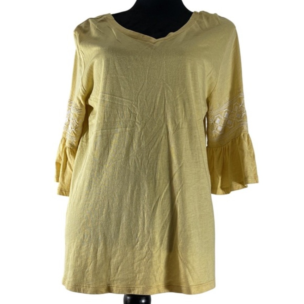 J Jill Large Petite Top Blose Embroidered V Neck Yellow‎ Soft Stretchy